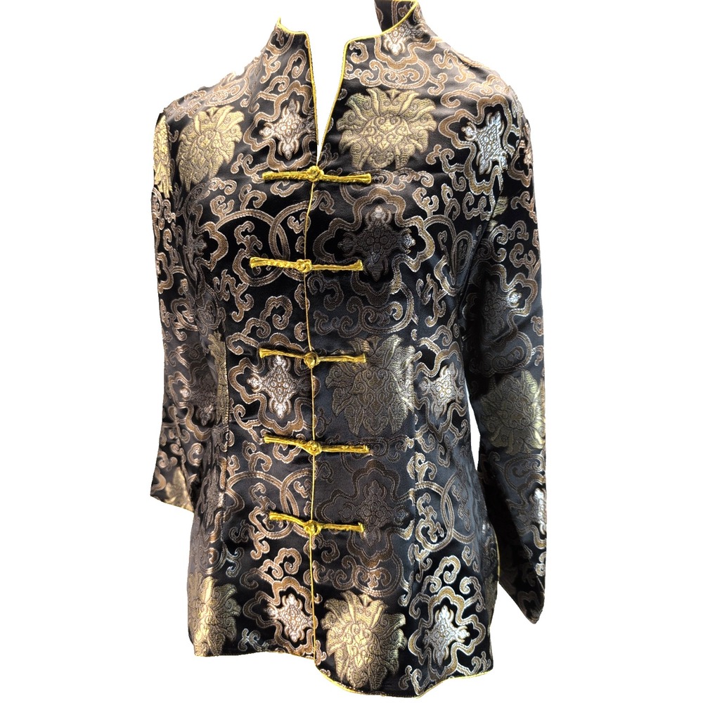 Vintage SIMEI Black And Gold Brocade Tang Suit Jacket Asian Knot Closure